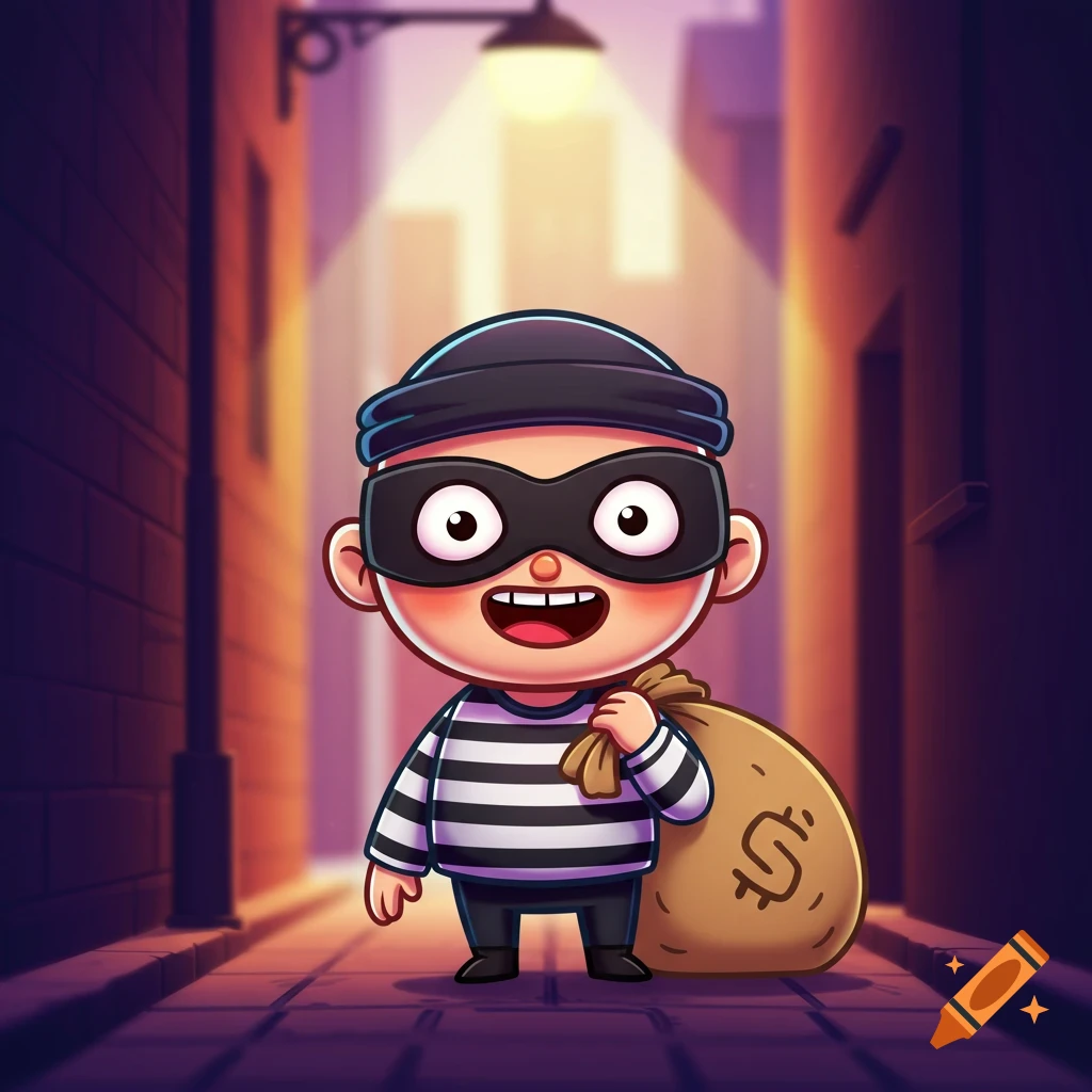 A happy cartoon robber in a striped shirt and mask holds a money bag in a dark alley with a street light.