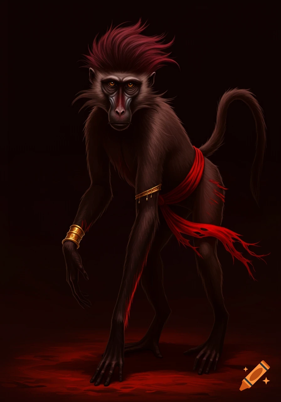 A striking baboon with dark fur, spiky red hair, a gold cuff, and a tattered red sash, standing in a dark, stylized setting with red ground.