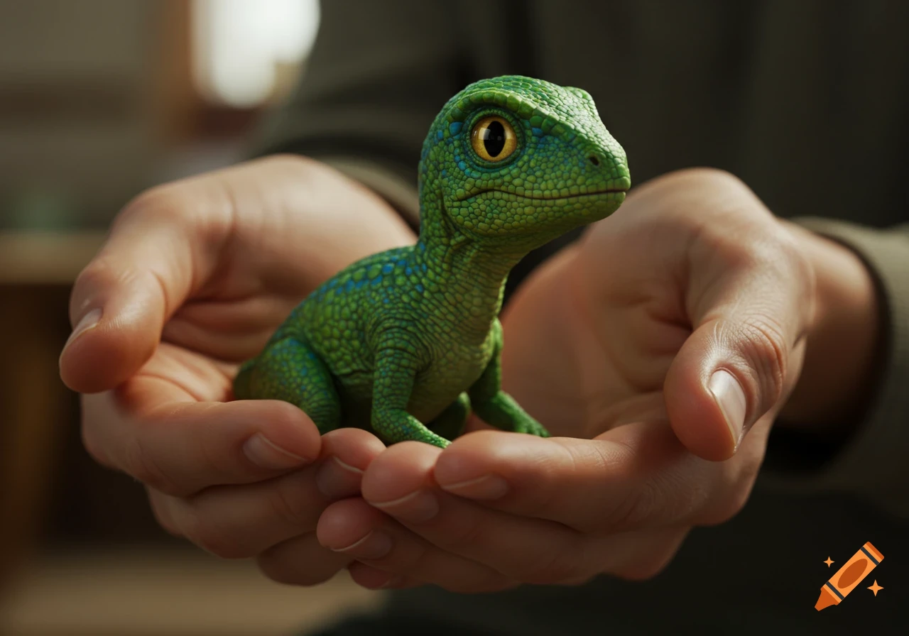 A small green dinosaur with yellow eyes sits in a person's cupped hands.