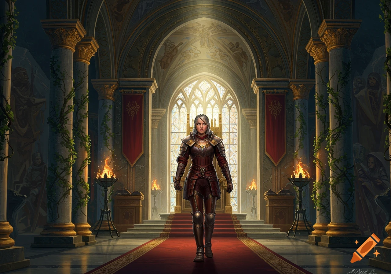 A female warrior in intricate dark red and gold armor stands on a red carpet in a grand, high-ceilinged throne room with large windows.