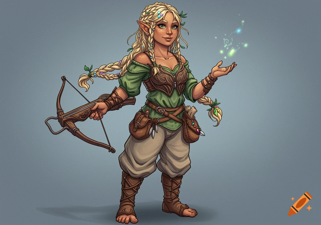 A fantasy illustration of an elf woman with long blonde braided hair, wearing a green top and leather armor, holding a crossbow, and conjuring green magic.