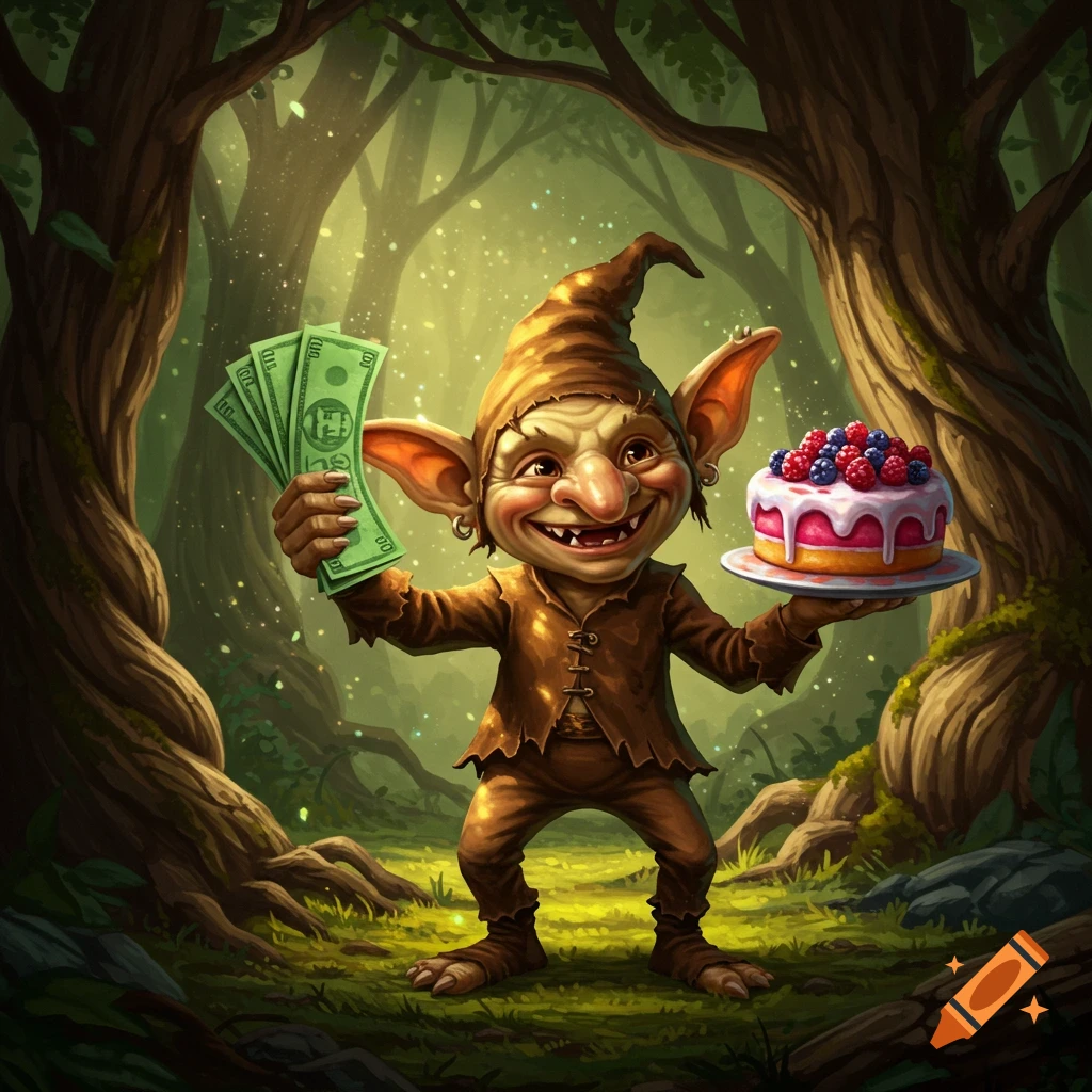 A grinning goblin in a brown outfit stands in a magical forest, holding a fan of cash in one hand and a berry-topped cake in the other.