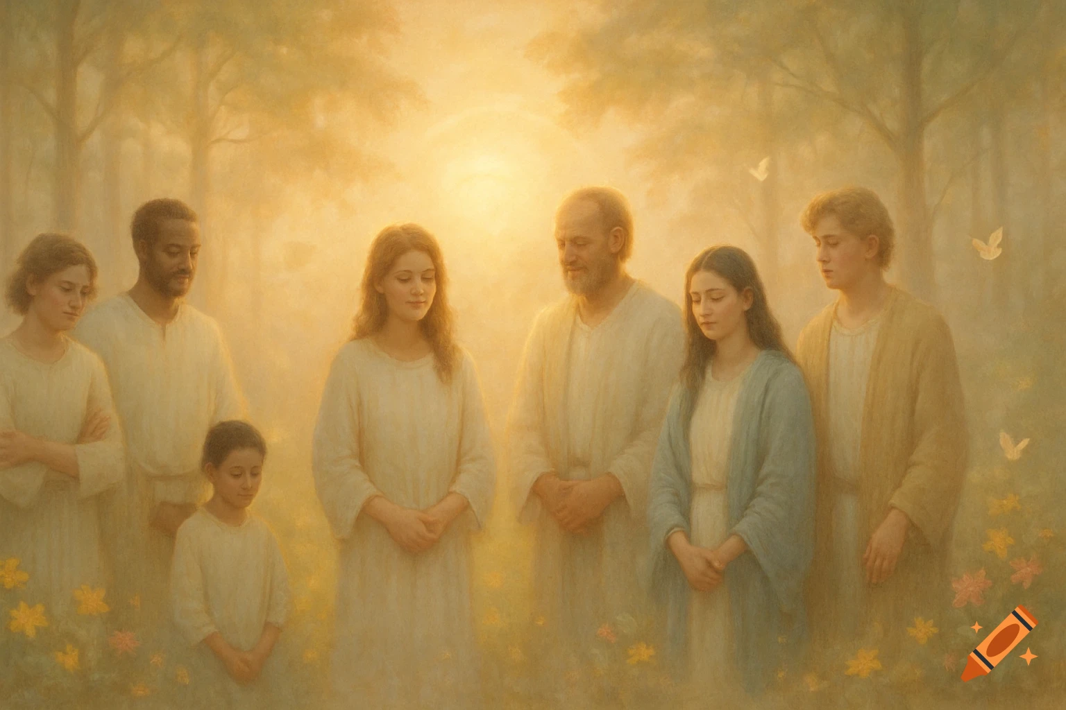 A peaceful, painterly image of a diverse group of people standing in a luminous, ethereal forest with wildflowers and doves.