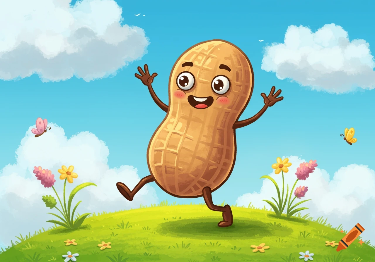 A cheerful cartoon peanut character with arms raised, running across a grassy hill under a blue sky with clouds, flowers, and butterflies.