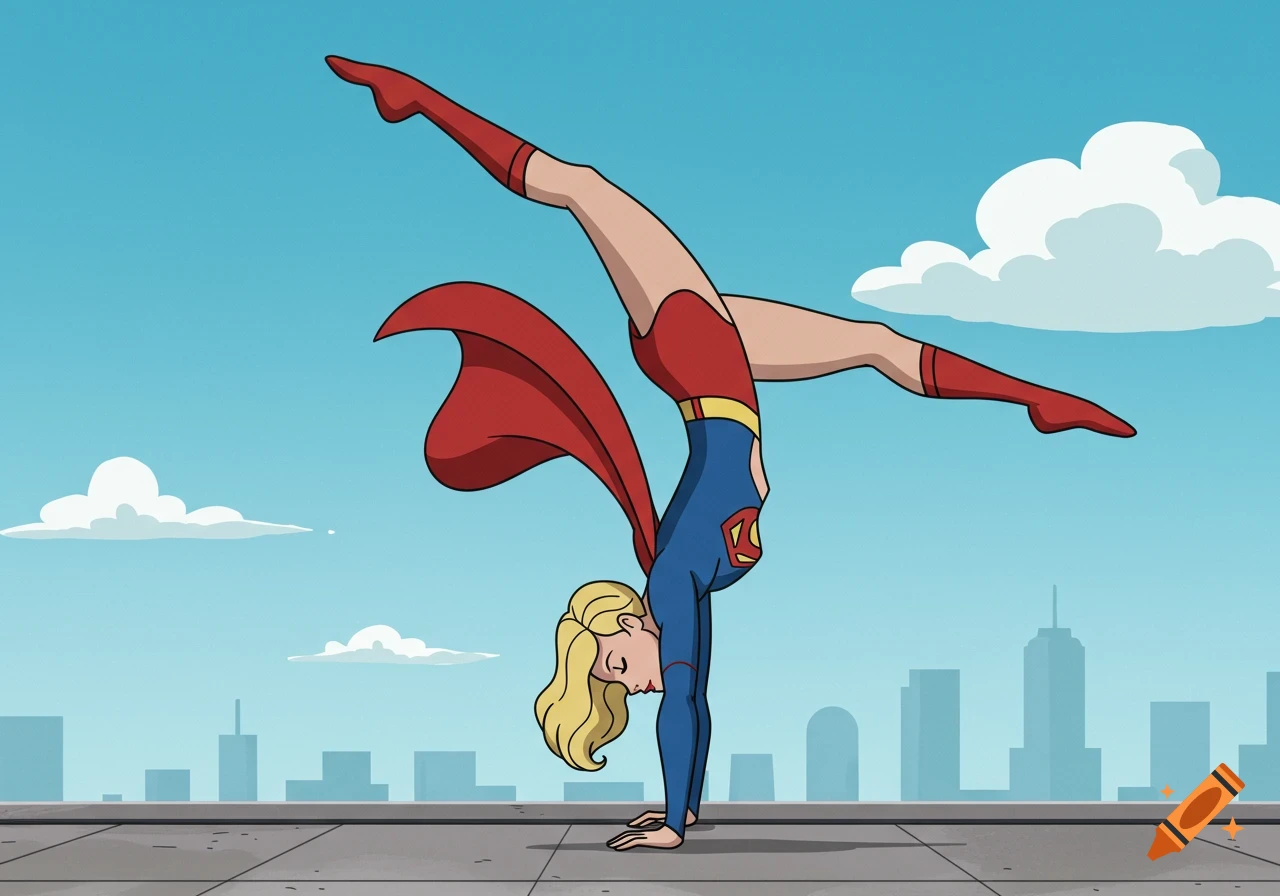 Supergirl in a blue and red suit performs a handstand on a rooftop against a city skyline, in an animated style.