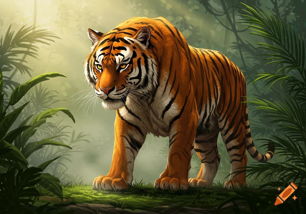 A majestic tiger with bright orange fur and black stripes stands in a misty, lush green jungle.