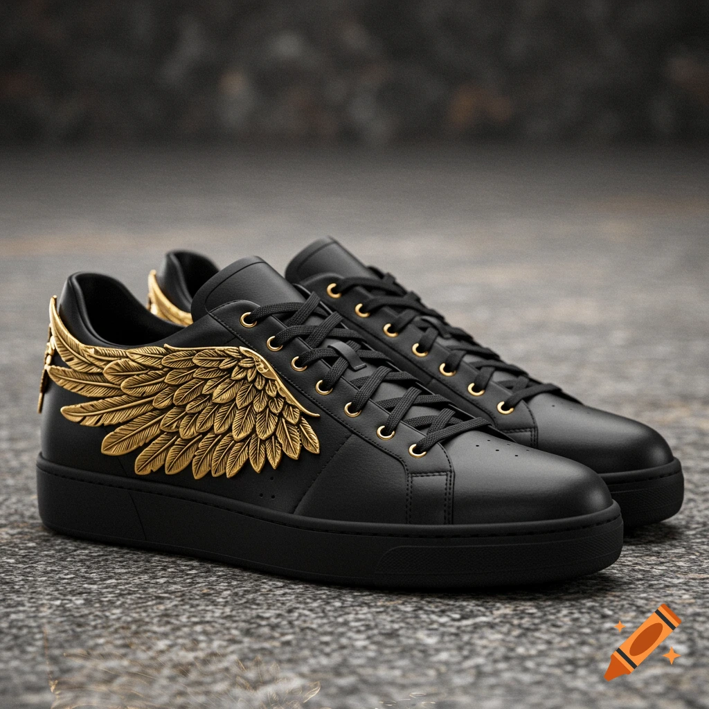 A pair of black leather sneakers with gold eagle wings on the sides, sitting on a concrete surface.