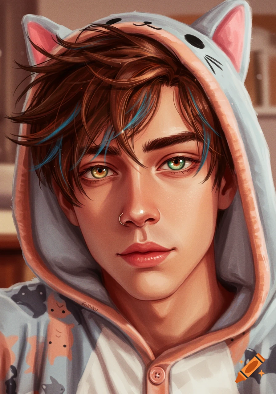 Close-up digital art portrait of a male person with brown hair and blue streaks, hazel eyes, wearing a light blue cat-eared onesie.