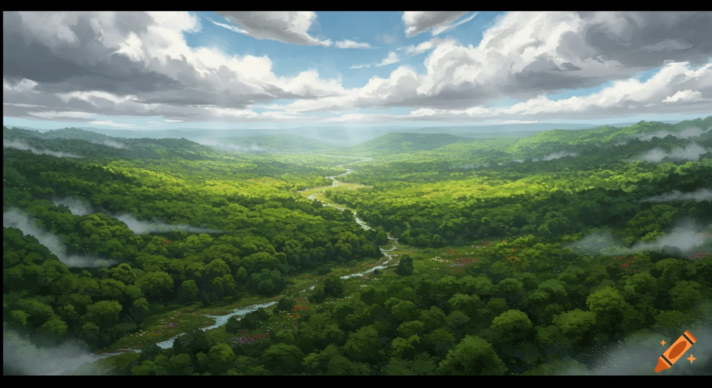 An aerial view of a lush green forest valley with a winding river and scattered wildflowers under a bright sky with fluffy clouds.