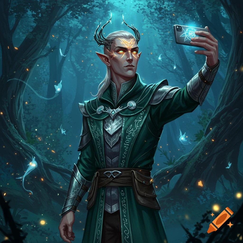 An elf-like male character with glowing eyes and antlers takes a selfie with a phone in a magical forest, detailed illustration.