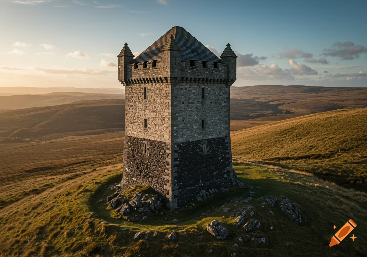 A stone towerhouse with a dark base and lighter top stands on a rocky, grassy hill, surrounded by rolling golden-brown fields under a sunset sky.