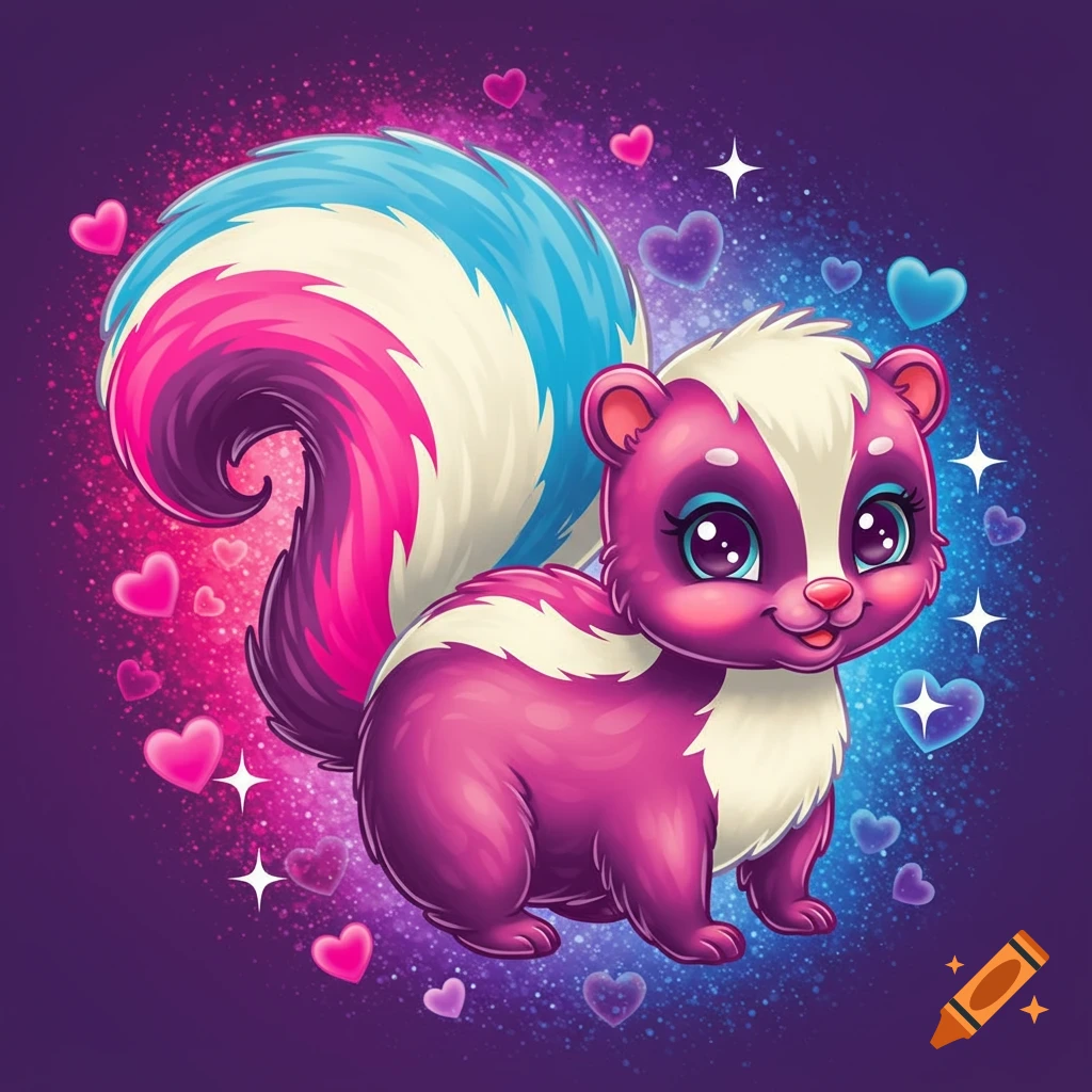 A vibrant pink and white cartoon skunk with a multi-colored tail stands against a sparkling pink and blue background with hearts.
