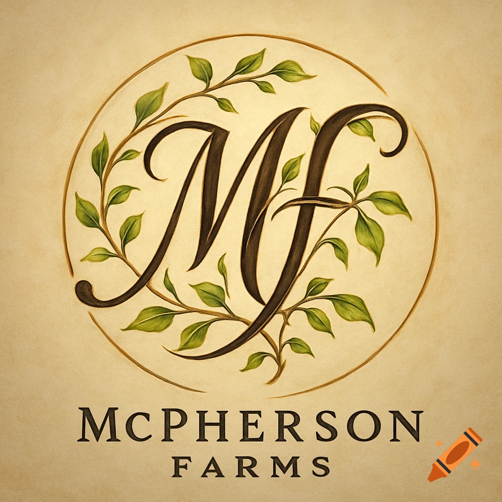 An elegant circular logo featuring intertwined 'M' and 'F' initials surrounded by green leaves, with 'MCPHERSON FARMS' text below.