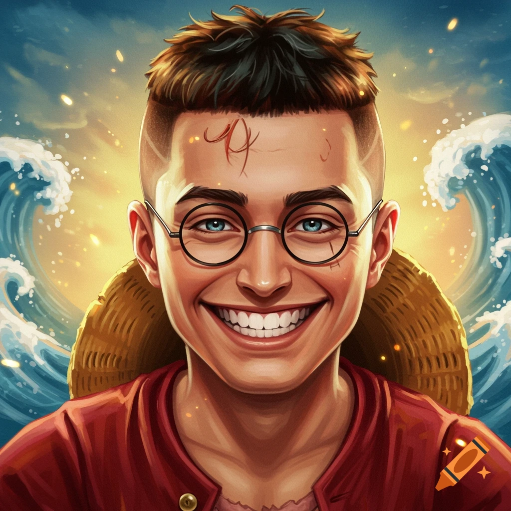 A smiling young man with a low fade haircut, round glasses, and a scar on his forehead, wearing a red shirt and a straw hat against a wavy ocean background.