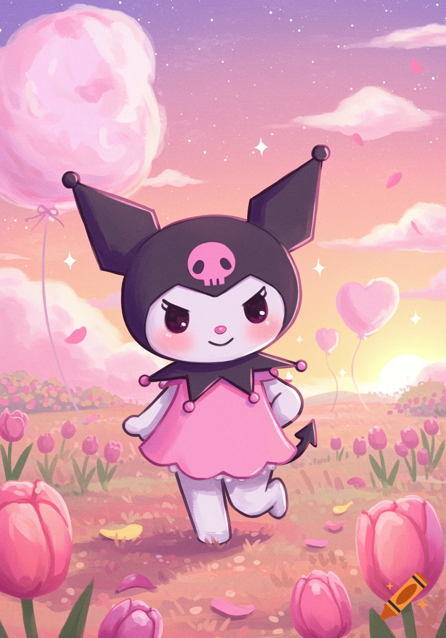 A cute cartoon character resembling Kuromi with a skull on her hat stands in a pink tulip field under a pastel sky with balloons.