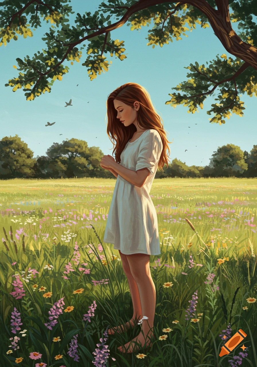 An illustrated young woman with long red hair in a white dress stands in a wildflower field under a tree.