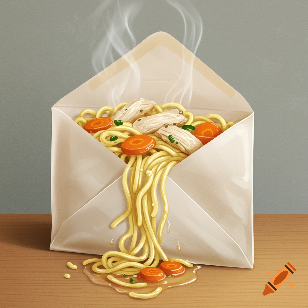 An illustration of a steaming envelope overflowing with chicken noodle soup onto a wooden table.