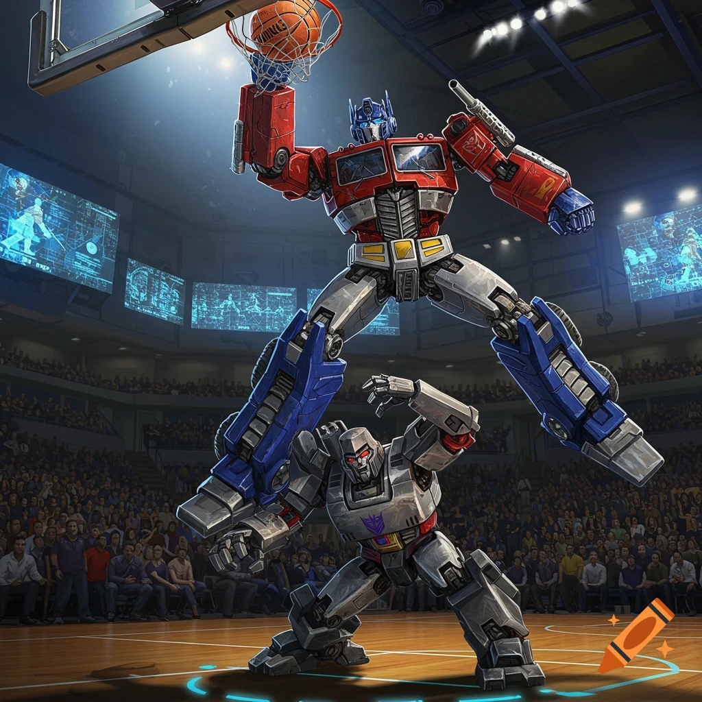 Optimus Prime performs a slam dunk on Megatron on a basketball court in a stadium full of spectators, in a comic book art style.
