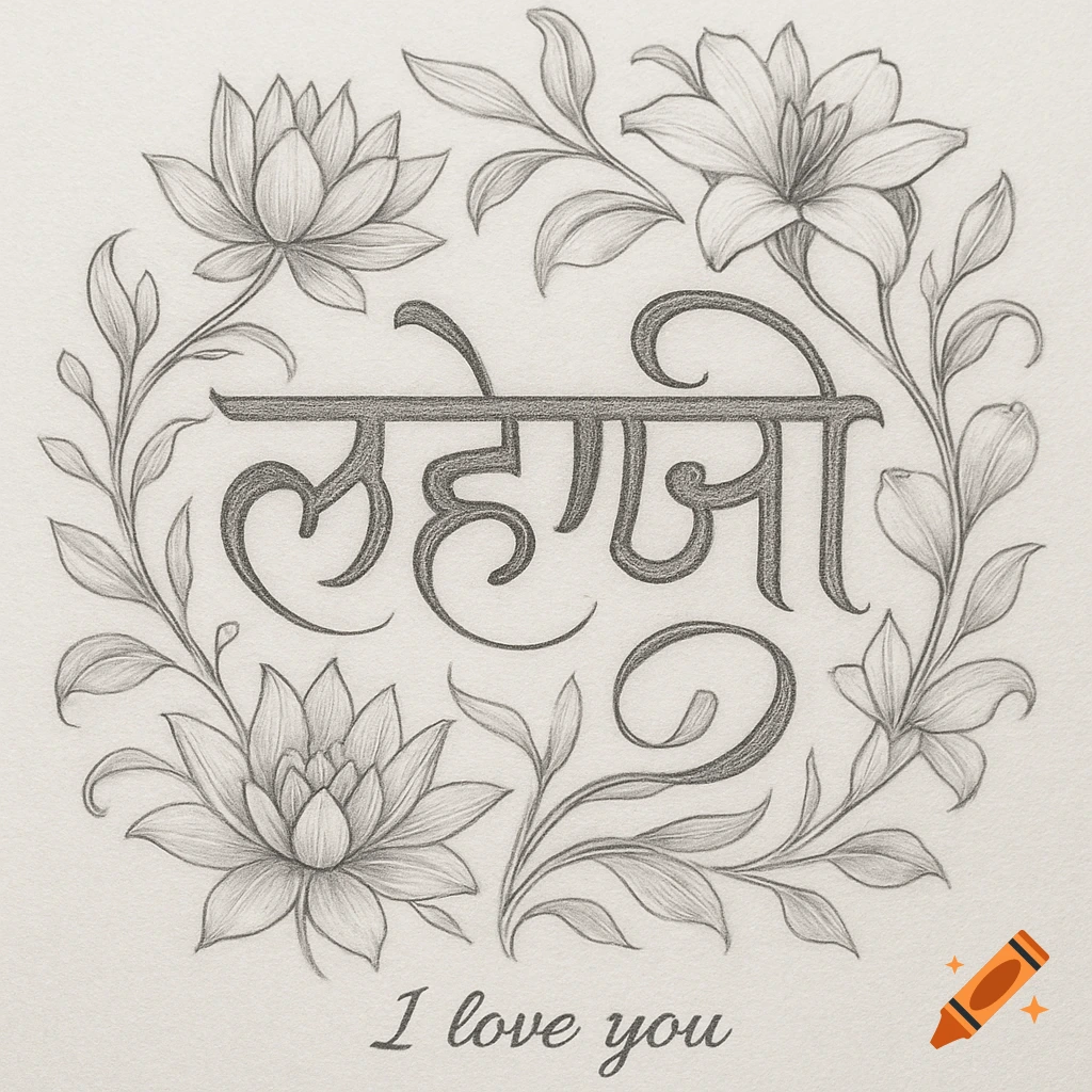 A pencil sketch of a circular floral wreath with lotus and other flowers. Inside, the Gurmukhi script for "Lohanji" is written, and below, "I love you" in cursive.