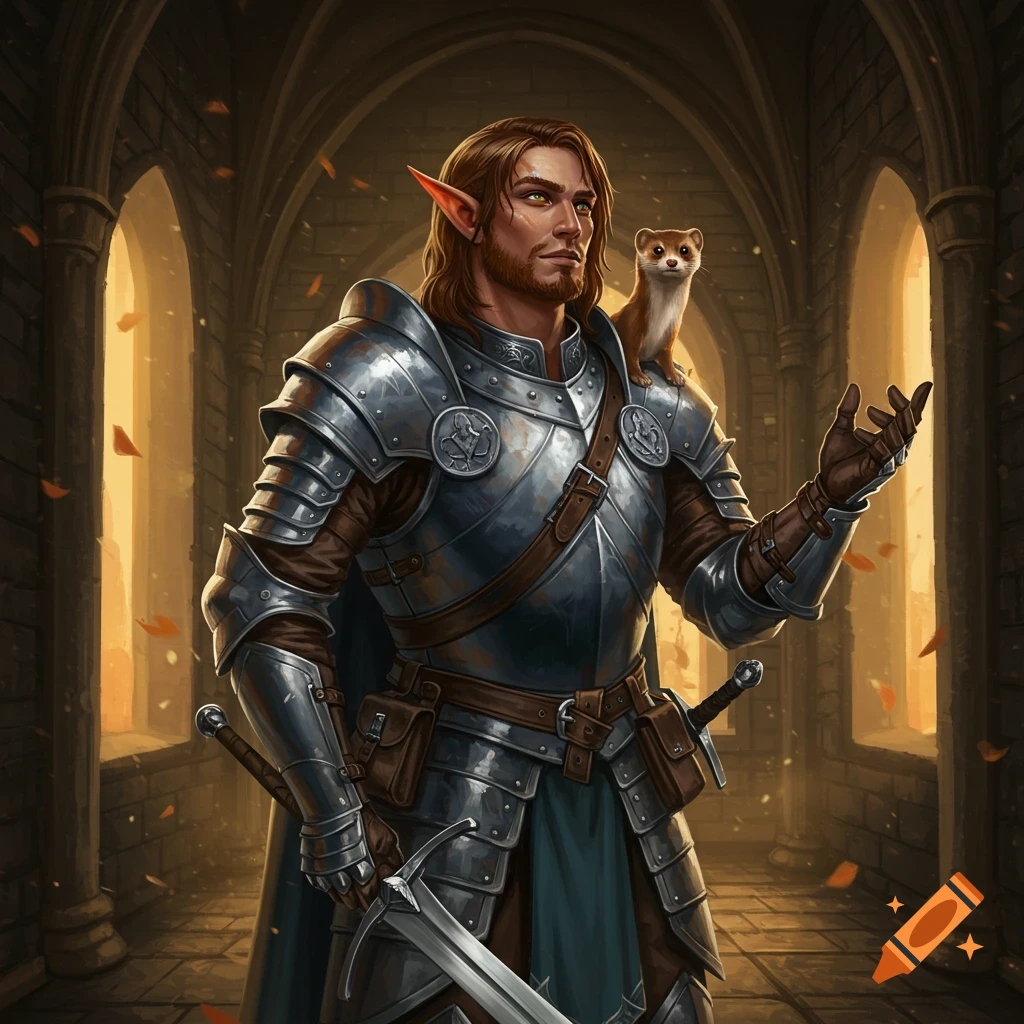 A fantasy illustration of a male half-elf fighter in silver armor with a sword, a weasel on his shoulder, standing in a sunlit castle hallway.