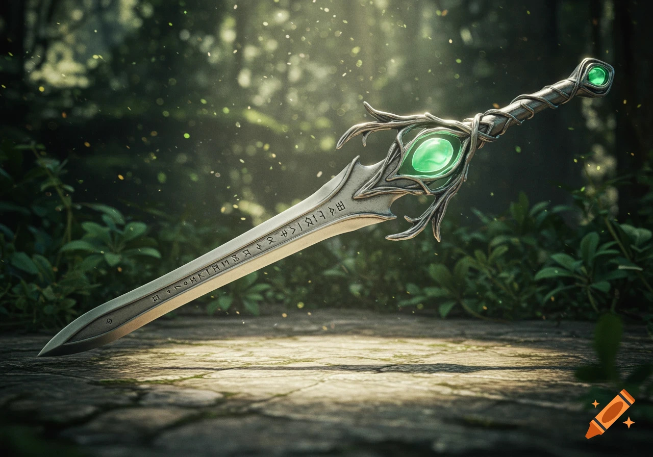 A photorealistic elven silver sword with runes on its blade and a glowing green gem in its hilt, in a mystical forest.