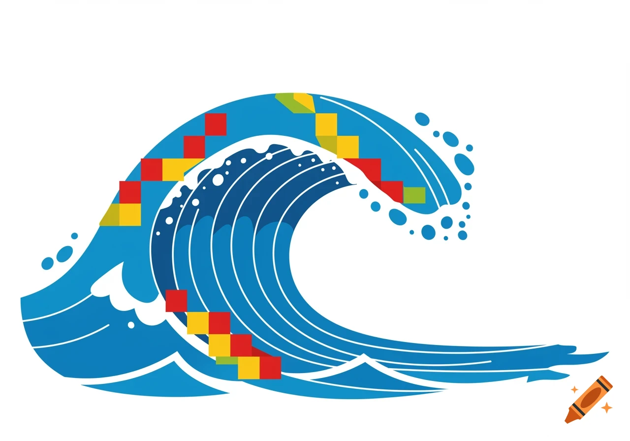A stylized blue wave formed with colorful red, yellow, and green Tetris blocks.