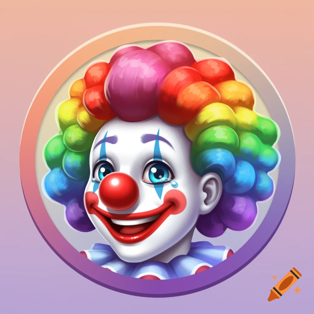 A vibrant, cartoon clown profile icon with a rainbow wig, red nose, blue tears, and a wide smile.