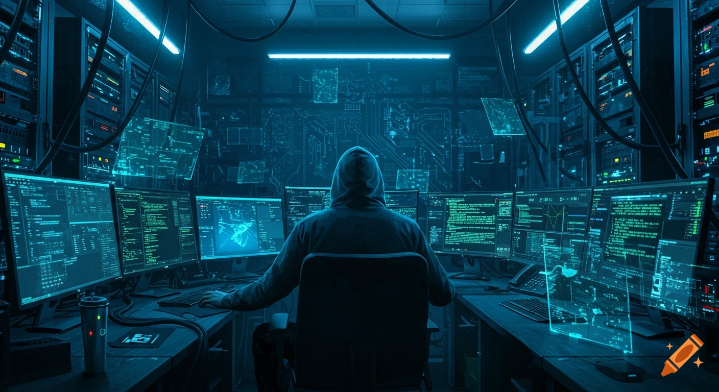 A person in a hoodie sits at a desk surrounded by multiple glowing blue computer monitors displaying code and data in a dark, high-tech server room.