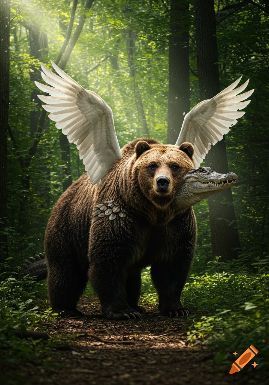 A photorealistic depiction of a fantastical creature with the body of a grizzly bear, white eagle wings, and an alligator head protruding from its shoulder, standing in a sunlit forest.