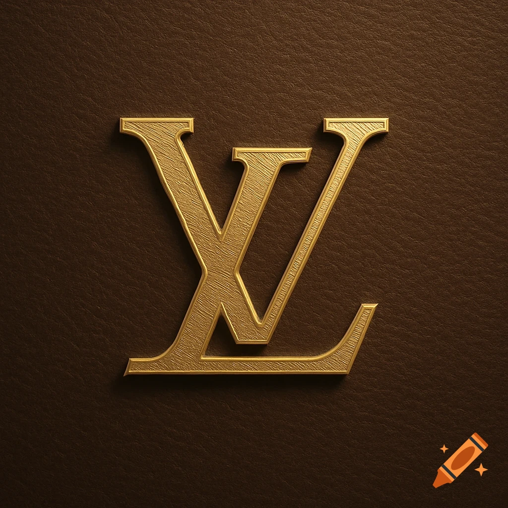 A gold-colored Louis Vuitton LV monogram logo is embossed on a brown textured leather background.