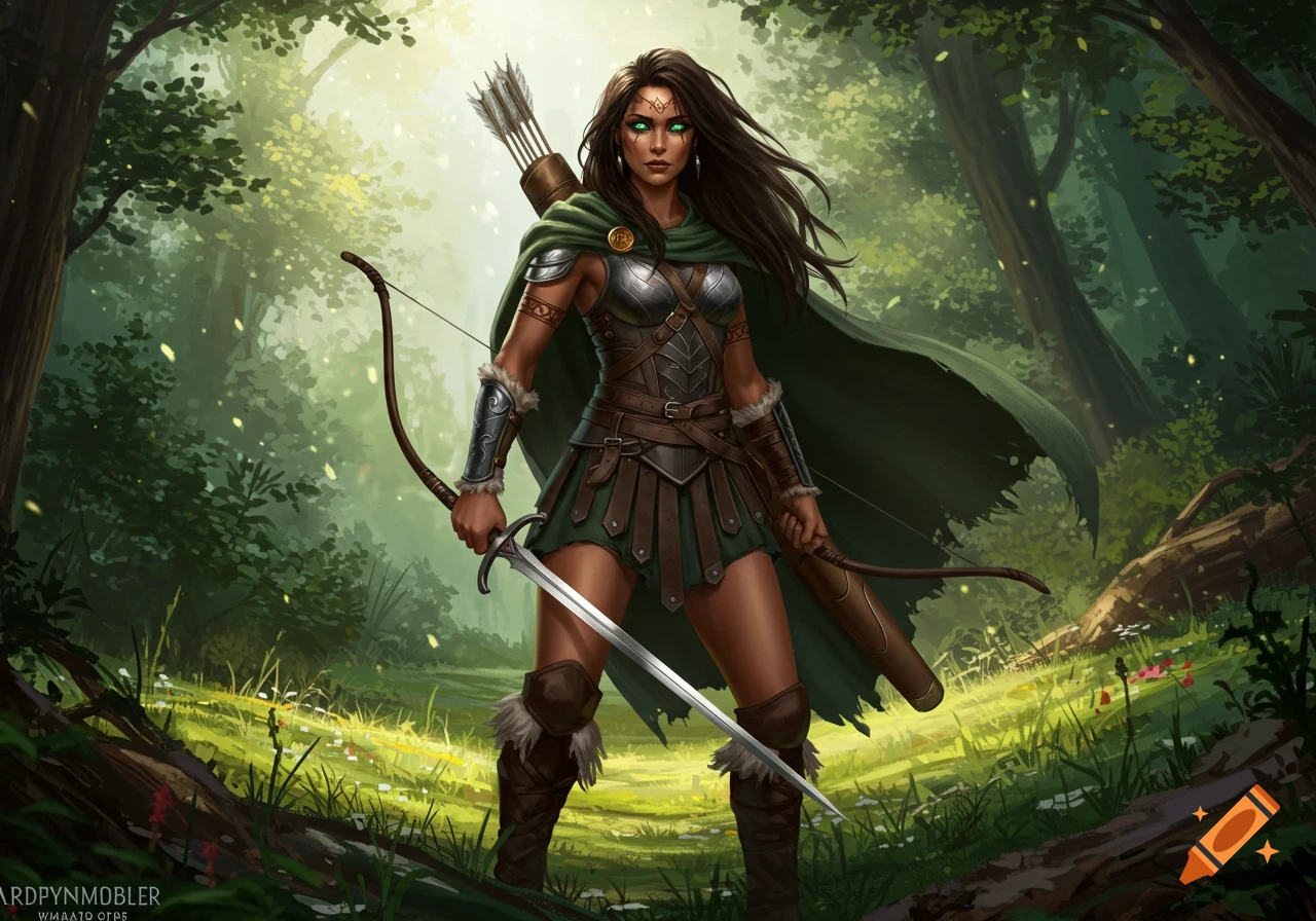 An illustration of a woman warrior with a bow, quiver, and sword standing in a sunlit forest.