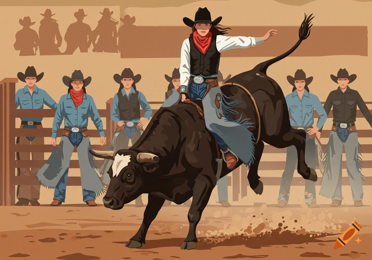 An illustration of a cowgirl in a black hat and red bandana riding a bucking bull in a rodeo arena, with other cowgirls watching in the background.