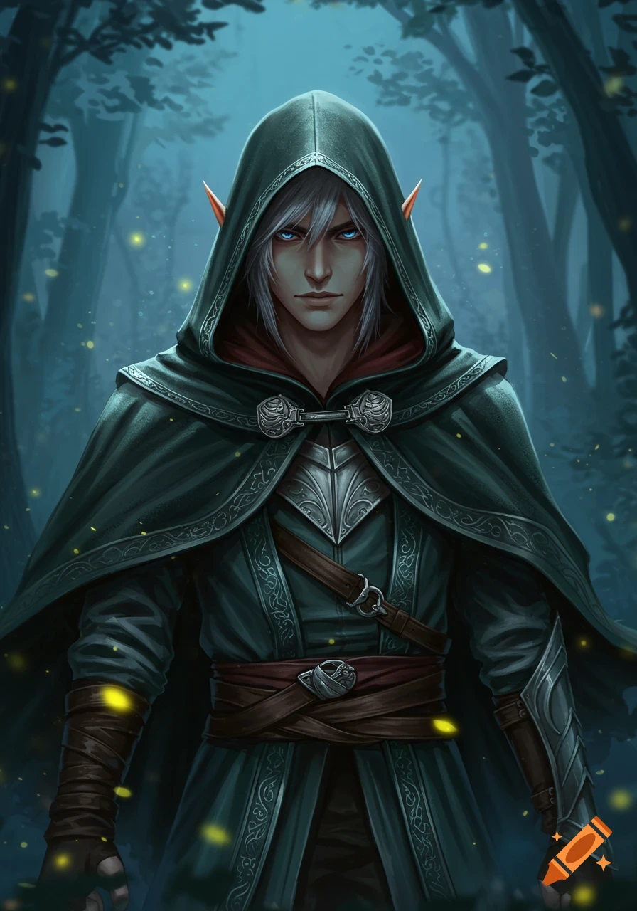 A digital painting of a stern-looking male elf with white hair and blue eyes, wearing a dark green hooded robe and armor, standing in a dim forest with glowing lights.