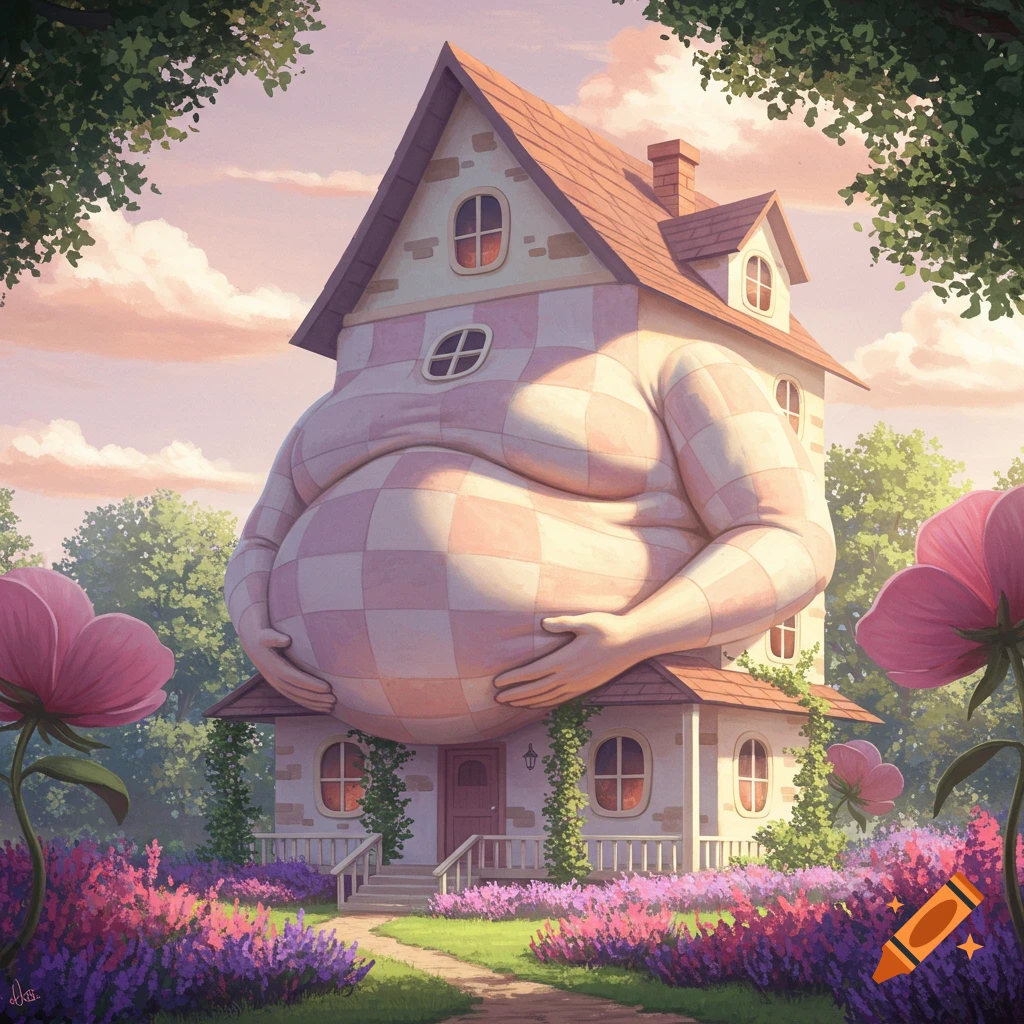 Whimsical illustration of a house with a large, pregnant checkered belly and arms, surrounded by lavender flowers and trees under a pink sky.