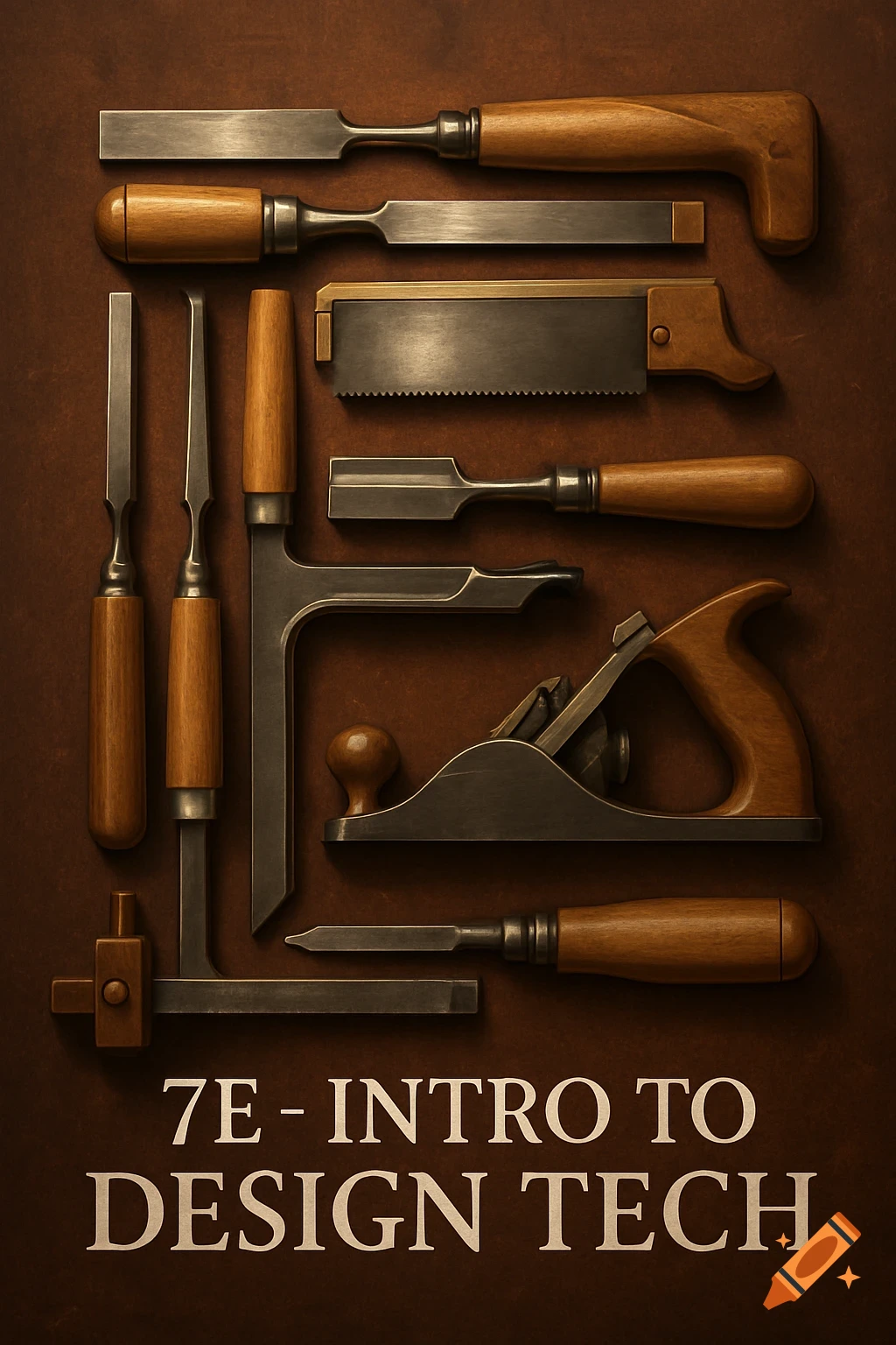 A flat lay of various woodworking tools, including chisels, a saw, and a plane, on a brown surface, with the text "7E - INTRO TO DESIGN TECH".