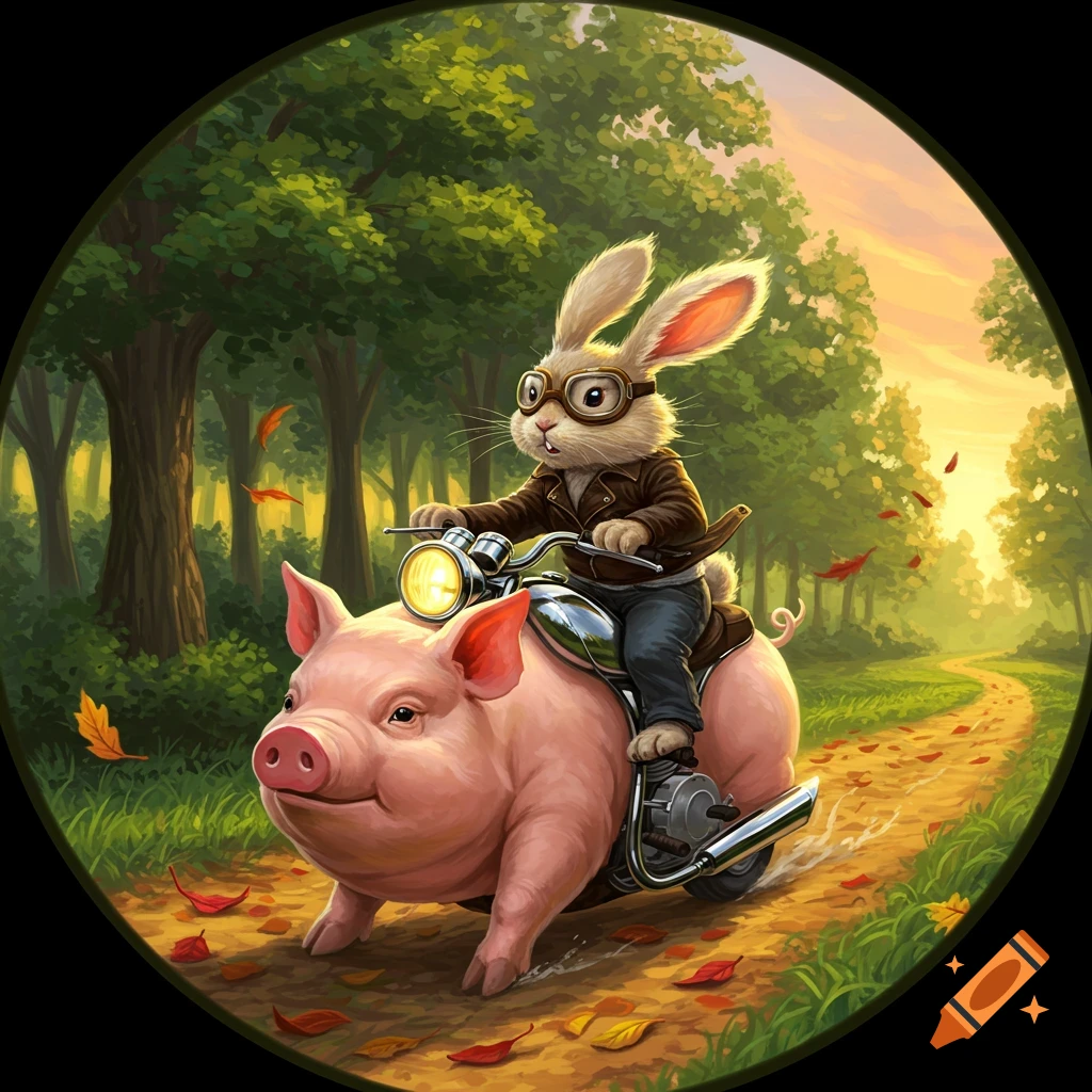 A whimsical illustration of a rabbit in goggles and a leather jacket riding a pig-motorcycle on a forest path with autumn leaves.