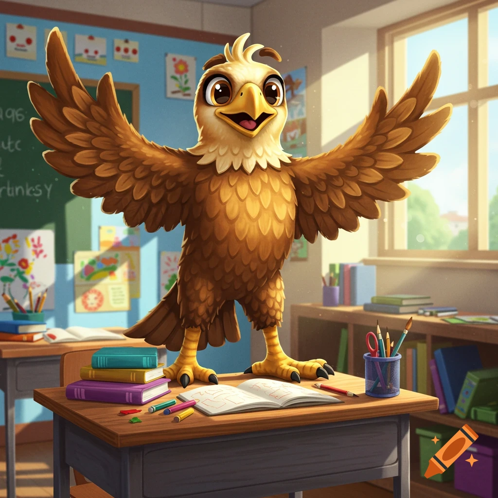 A friendly cartoon eagle with open wings stands on a student desk in a sunny classroom.