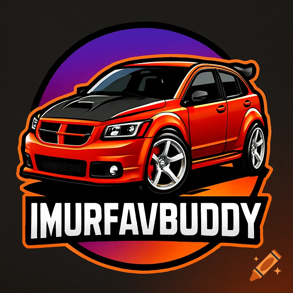Cartoon logo of an orange-red customized Dodge Caliber SRT4 car with 'IMURFAVBUDDY' text on a purple and orange gradient background.