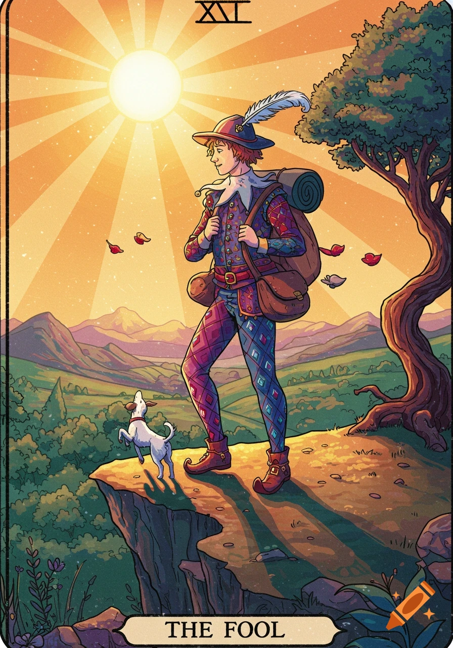 A colorful Tarot card depicting The Fool, a young traveler with a pack and a dog, standing on a cliff edge under a bright sun, overlooking a vast landscape.