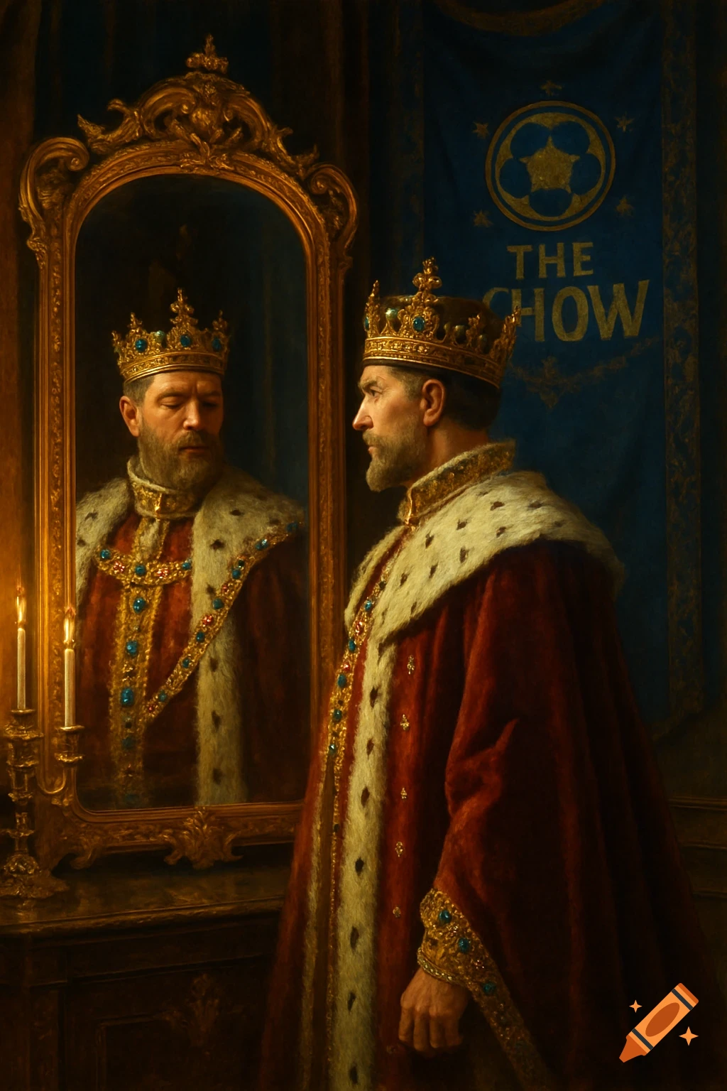 A king in a red and white fur-trimmed robe and golden crown looks into a mirror, with a blue banner displaying "THE CHOW" and a football logo behind him.