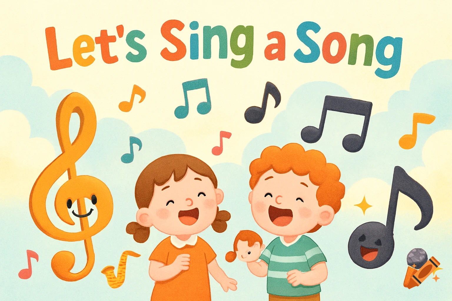 Cute illustration of two happy children singing, surrounded by musical notes and a smiling treble clef. Text reads 'Let's Sing a Song'.
