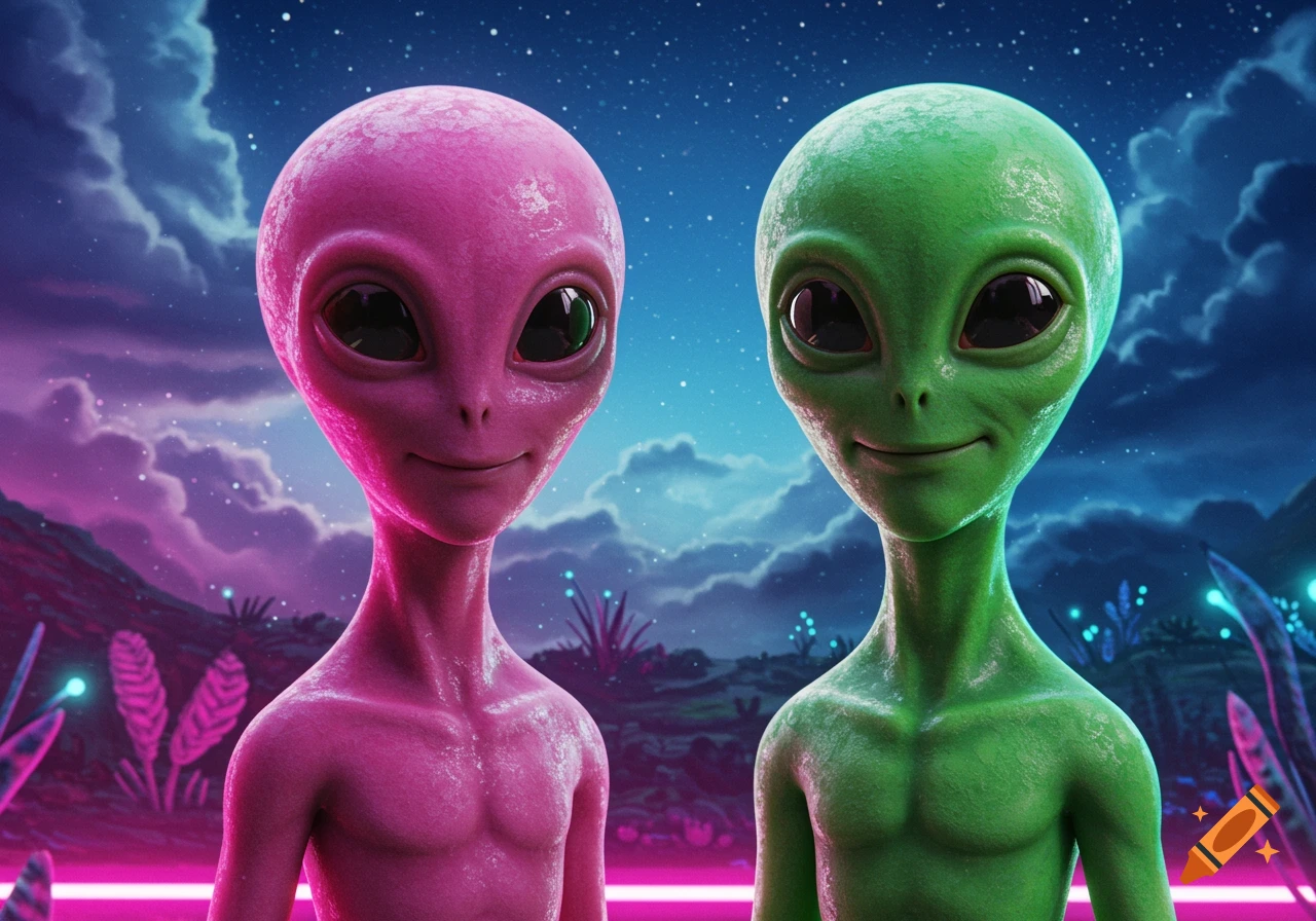 Two friendly-looking aliens, one pink and one green, in a colorful alien landscape under a starry sky.