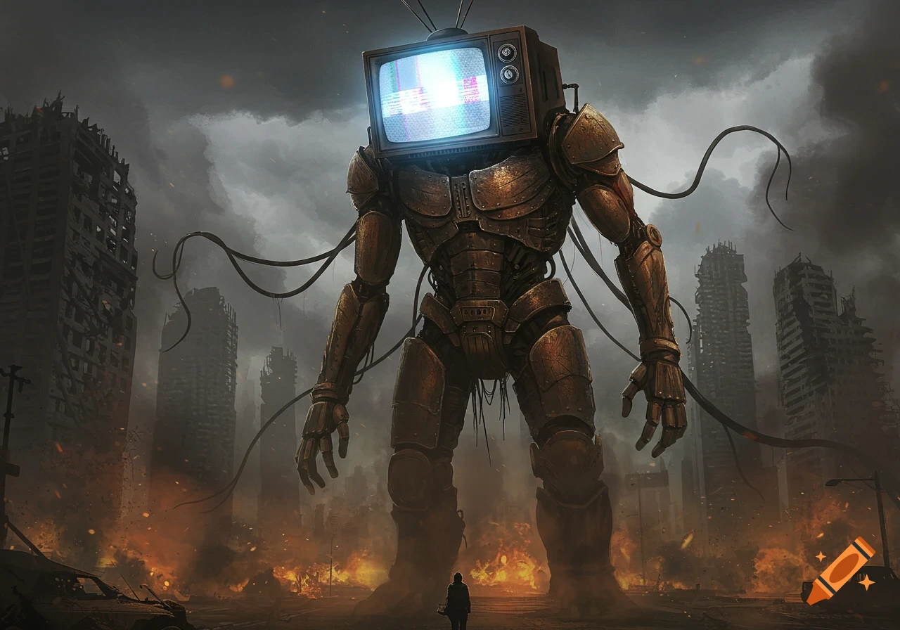 A giant, armored robot with a static TV for a head stands over a small human figure in a burning, ruined city under a cloudy, smoky sky.