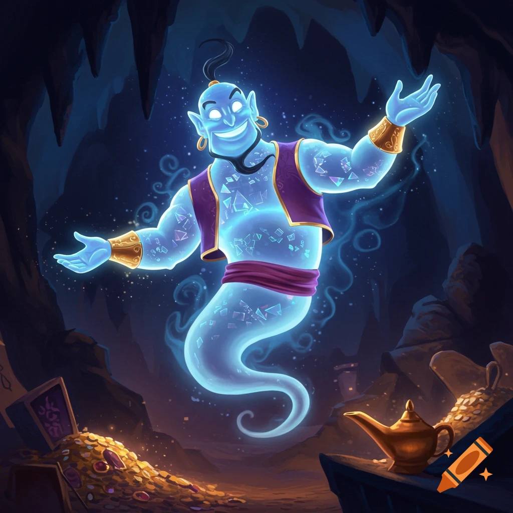 A smiling blue translucent genie in a purple vest floats in a dark cave, surrounded by glowing treasure and a magic lamp in an illustrative style.