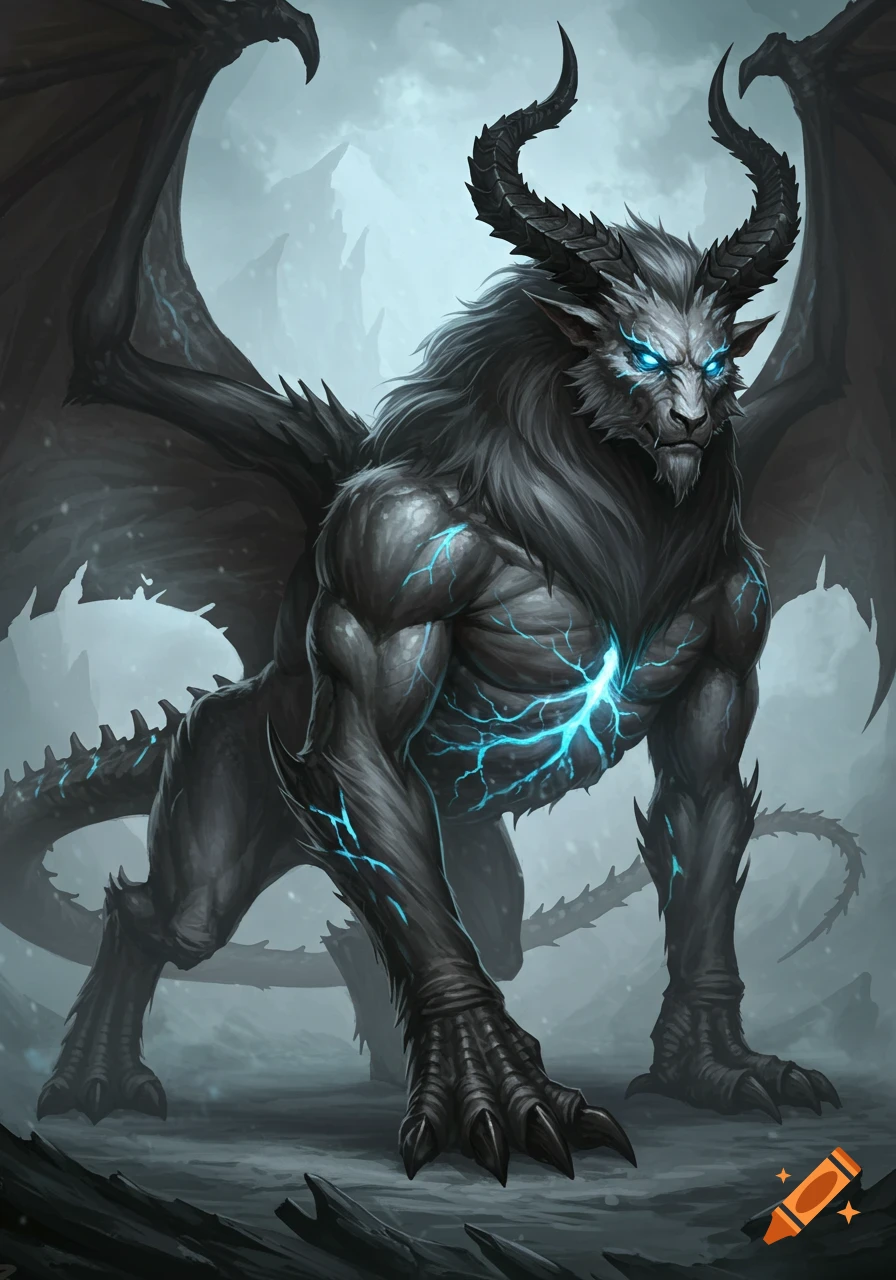 A dark grey fantasy creature with ram horns, glowing blue eyes, large wings, and glowing blue veins on its muscular body, standing in a misty landscape.