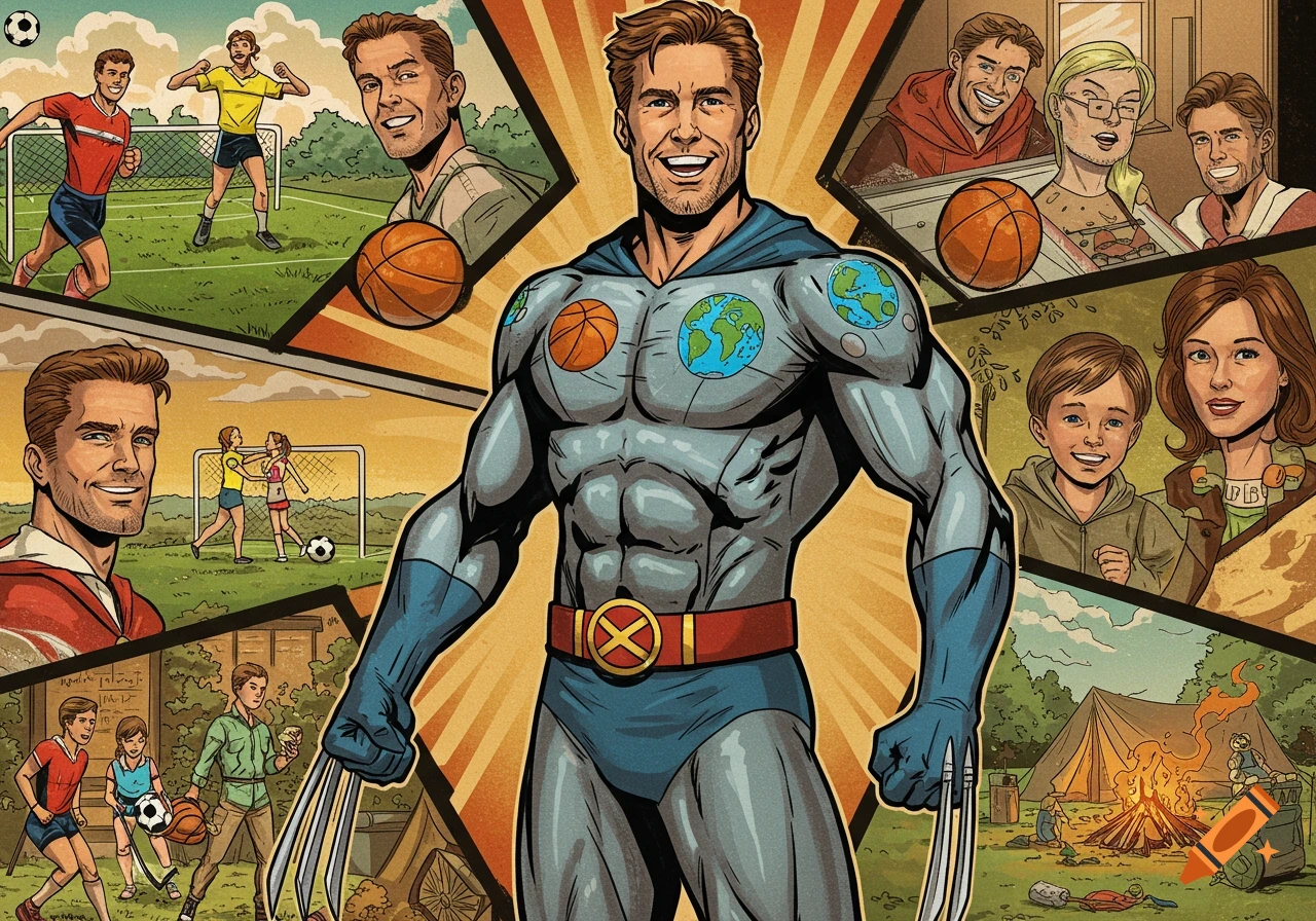 A smiling superhero in blue and grey with an 'X' belt buckle and Earth globes on his chest, surrounded by comic book panels depicting a family man coaching soccer and basketball, and camping with his family, in a 1980s comic style.