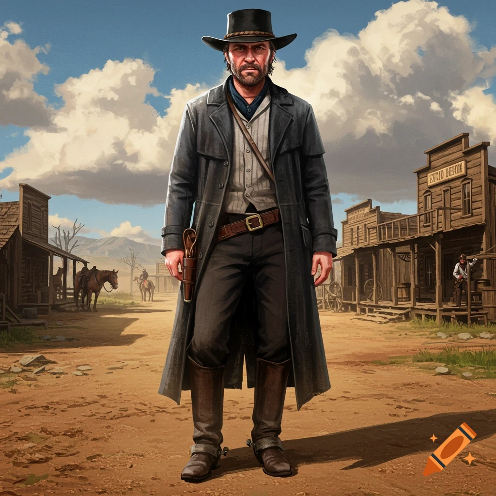 A man dressed as a cowboy in a long coat stands in a dusty street of a western town with wooden buildings under a blue sky.