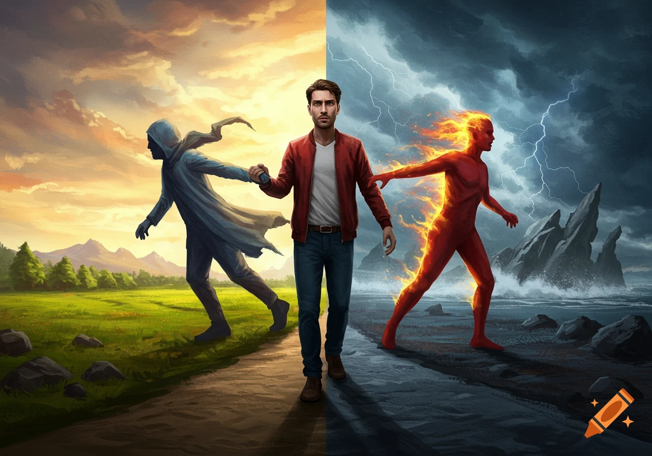 A man stands on a divided path, being pulled by a hooded figure towards a sunny field and a fiery figure towards a stormy landscape.