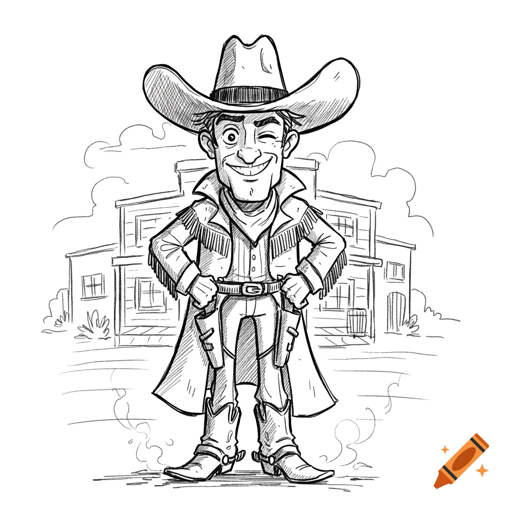 A cartoony black and white sketch of a winking cowboy standing in front of a western building.