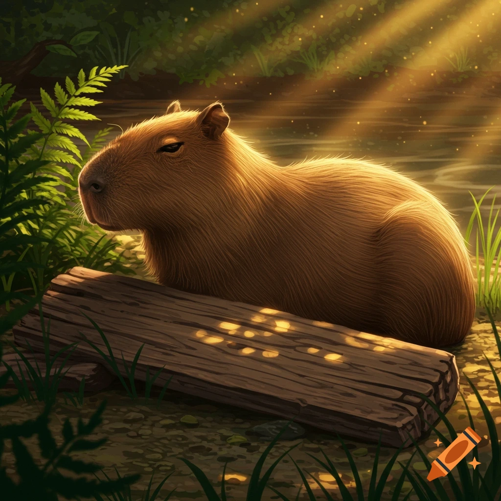 A detailed illustration of a capybara resting next to a log by a sunlit riverbank in a forest.